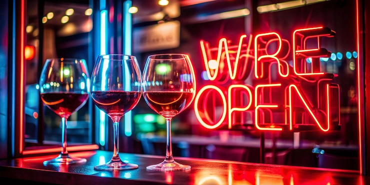 Photo des verres à vin et des panneaux de néon rouges ouverts dans la nuit.