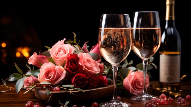 des verres de vin avec des roses sur la table en bois