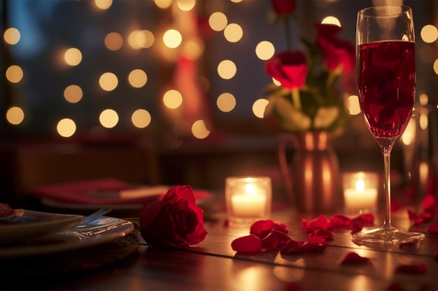 Des verres de vin rouge avec des bougies et des roses.