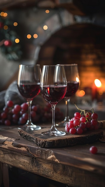 Des verres de vin rouge et des raisins sur une planche de bois dans une ambiance de cave confortable