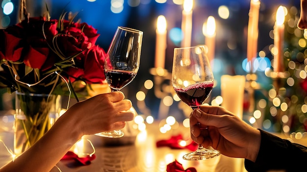 des verres de vin rouge romantiques avec des roses