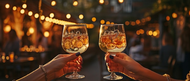 Les verres de vin sont acclamés par deux filles Deux verres de vins blancs les mains d'une femme