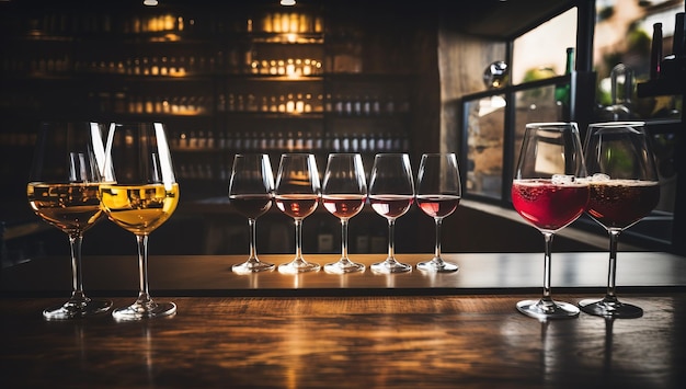 Photo des verres de vins différents sur le comptoir d'un bar ou d'un restaurant