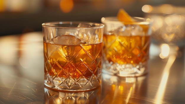 Des verres de whisky avec des cubes de glace.