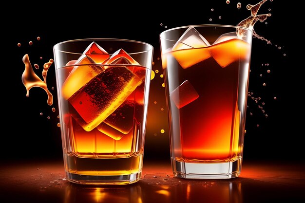 Photo verres de whisky avec de la glace et des éclaboussures sur un fond sombre geler le mouvement des gouttes dans l'éclaboussure liquide