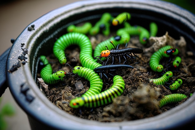 Vers verts dans un petit bassin noir