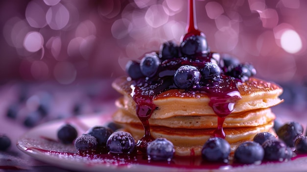 Un versement artistique de compote de bleuets sur une pile de crêpes