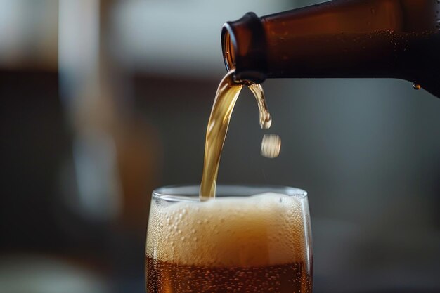 Photo verser de la bière brune foncée dans une bouteille de bière à mousse de verre