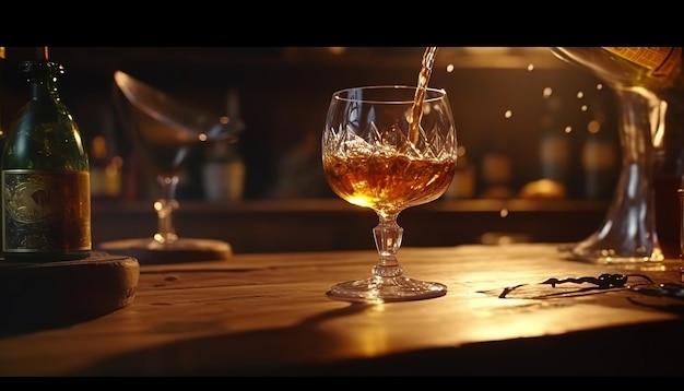 Verser une boisson alcoolisée forte dans les verres qui sont sur la table en bois