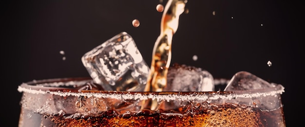 Verser du Cola et de l'Ice Cola soda et des éclaboussures de glace pétillantes ou flottant jusqu'au dessus de la surface