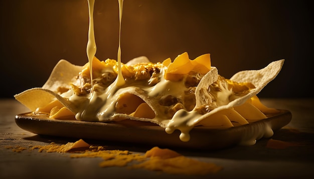Verser du fromage fondu sur des nachos croustillants. IA générative.