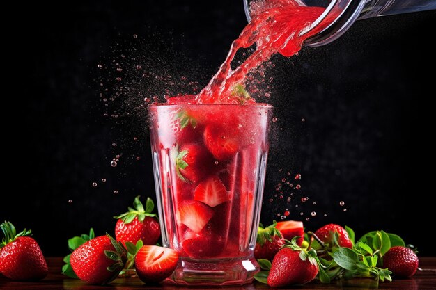 Photo verser du jus de fraise dans une cruche en verre avec des tranches de citron et de citron vert pour ajouter de la saveur