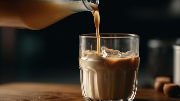 Verser du lait dans un verre avec du café glacé Boisson d'été rafraîchissante froide IA générative