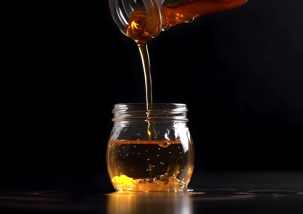 Verser du miel dans un bocal en verre sur la table Espace de fond noir pour le texte généré par l'IA