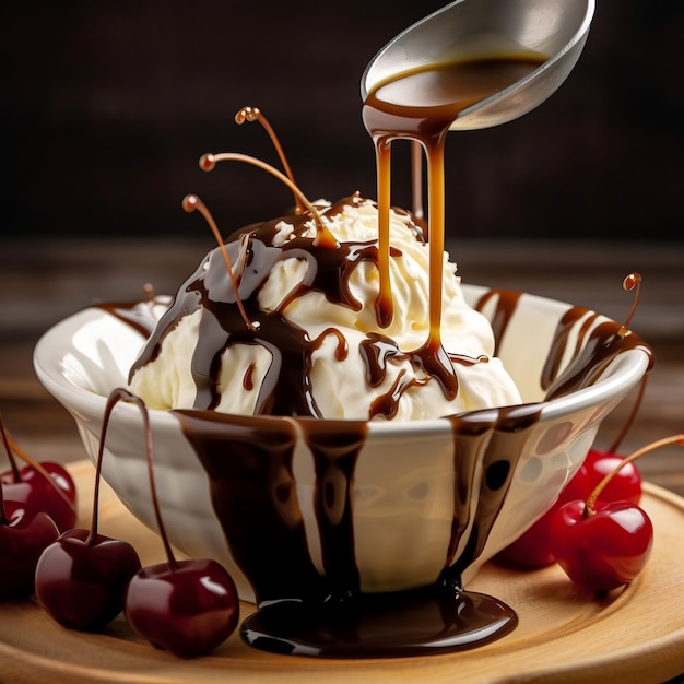 Verser du sirop de chocolat sur une boule de glace à la vanille Sundae Generative AI