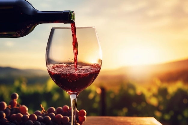 Verser du vin rouge dans un verre sur fond de vignoble au coucher du soleil Illustration générative de l'IA