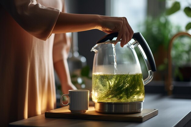 Photo verser de l'eau bouillante à partir d'une bouilloire moderne élégante mains féminines ia générative