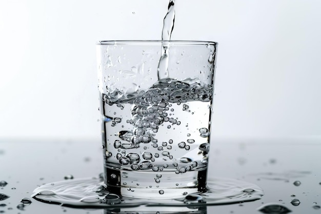 verser de l'eau sur un verre sur un fond blanc