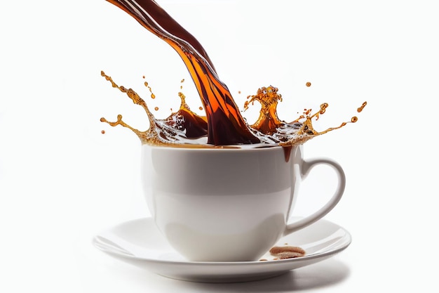 Verser et éclabousser le café dans une tasse blanche sur fond blanc isolé avec un tracé de détourage.