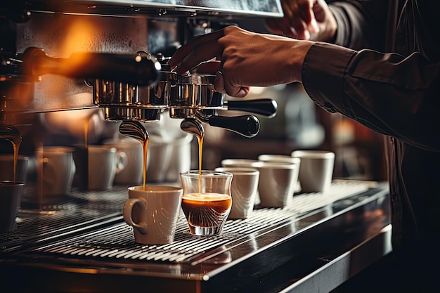 Verser le flux de café de la machine professionnelle Barista préparant un double expresso