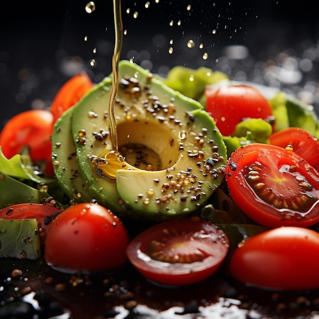 Verser l'huile d'olive sur la salade de tomates et l'avocat