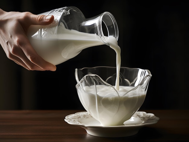 Photo verser le lait dans le verre sur la table avec fond de cuisine