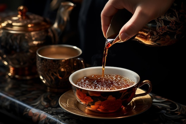 Verser à la main du thé chaud de la théière dans une tasse à motif de luxe