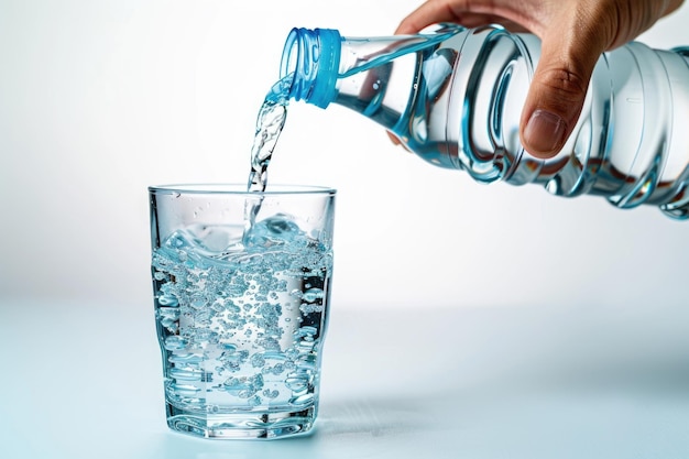Photo verser à la main de l'eau minérale naturelle rafraîchissante d'une bouteille dans un verre transparent sur un fond blanc