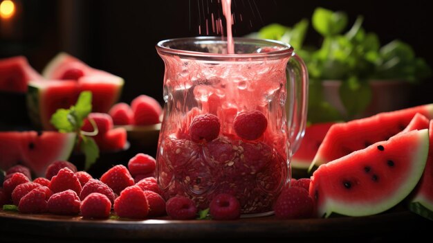 verser à la main un smoothie à la pastèque sain du pot du mélangeur dans un verre sur une table en bois