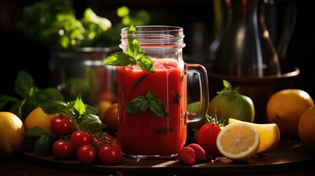 verser à la main un smoothie de tomate sain du pot de mélangeur dans un verre sur une table en bois