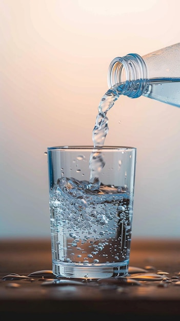 Verser la perfection L'eau potable se verse élégamment de la bouteille au verre
