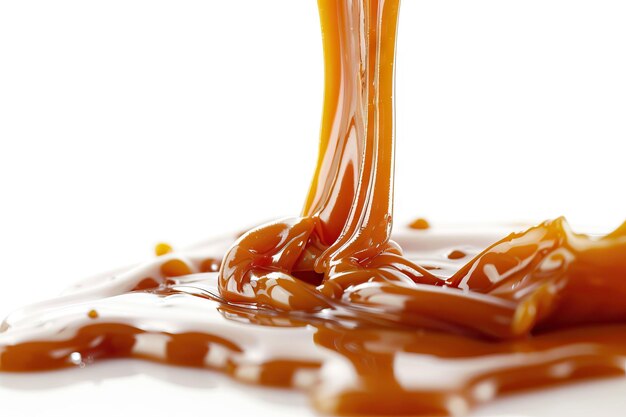 verser de la sauce caramel sucrée sur un fond blanc