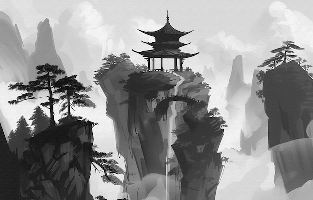 une version en noir et blanc d'une pagode japonaise