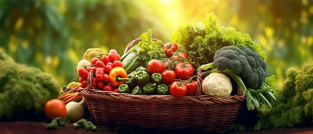 vert frais et mélanger les légumes colorés dans un grand panier dans les plantes vertes des champs