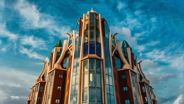 Verticale d'une structure exotique en verre et brun sous le ciel bleu