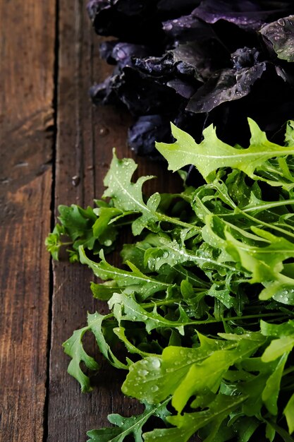 Verts frais Basilic frais persil roquette menthe sur fond de bois Ingrédients de la salade