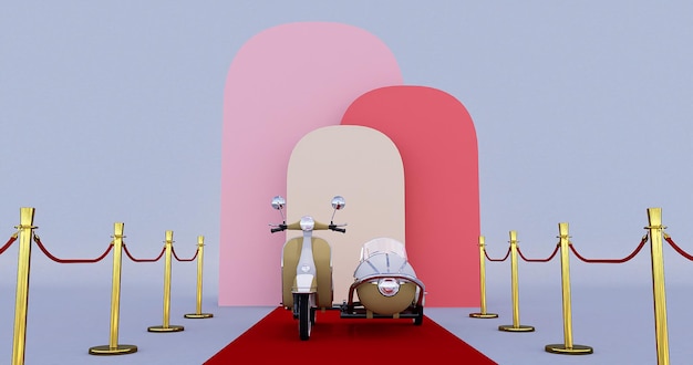 Une Vespa 3Drender sur un tapis d'événement rouge et une barrière de corde d'or Concept de succès et de triomphe rendu 3d