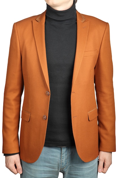 Veste de costume pour homme, couleur argile, image isolée sur fond blanc. Tailleur veste orange pour homme.