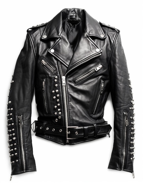 Veste en cuir noir avec style punk spike isolé sur fond blanc Generative AI