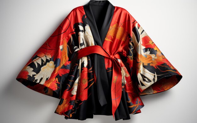 Une veste d'inspiration kimono accrocheuse élève la tenue avec une vitalité sur fond blanc