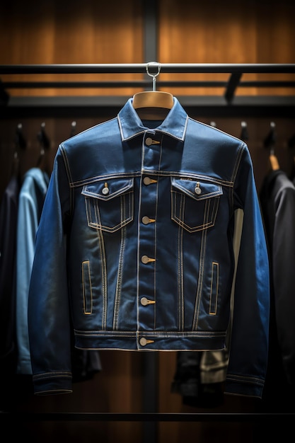 Une veste en jean bleu est affichée sur un cintre.