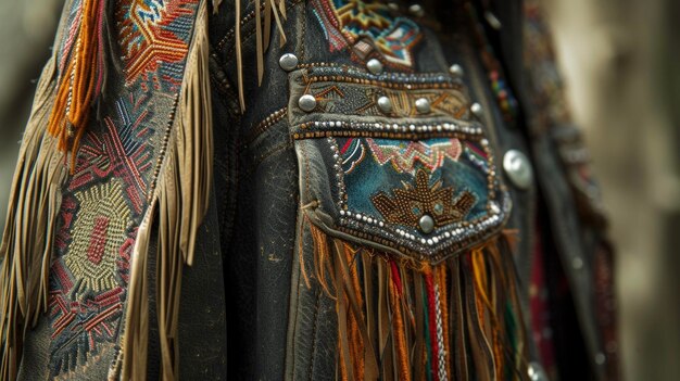 Photo une veste sur mesure avec des perles complexes et des détails de franges mélangeant des influences des amérindiens