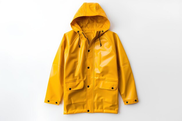 Une veste de pluie jaune accrochée à un mur blanc