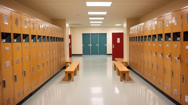 Un vestiaire à l'école avec des casiers et des bancs