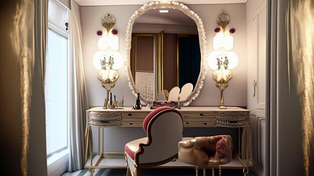 Une vestiaire glamour avec une table de vanité et un miroir de style hollywoodien