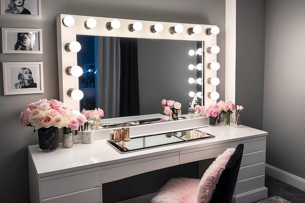 Un vestiaire glamour avec une table de vanité et un miroir de style hollywoodien