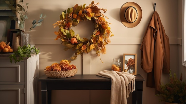 Photo un vestiaire moderne avec un décor d'automne et une couronne de feuillage d'automne