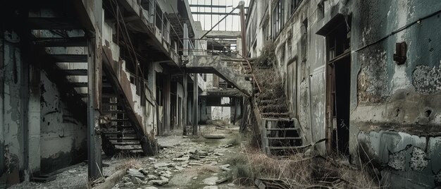 Les vestiges obsédants d'une usine abandonnée avec des escaliers en ruine et des machines abandonnées parlent d'une époque industrielle passée.