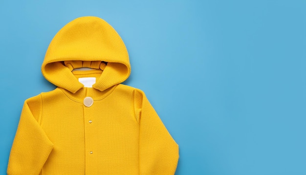 Vêtement jaune et pull chaud et chapeau sur fond bleu Ensemble de vêtements pour enfants