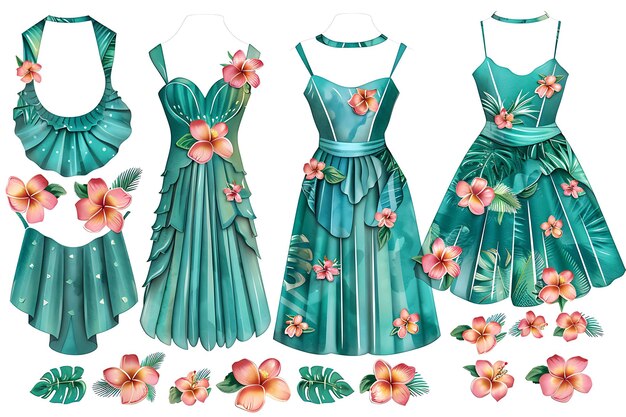 Photo vêtements 2d robe avec peinture à la main arrangements d'île tropicale concept de mode idée design artistique